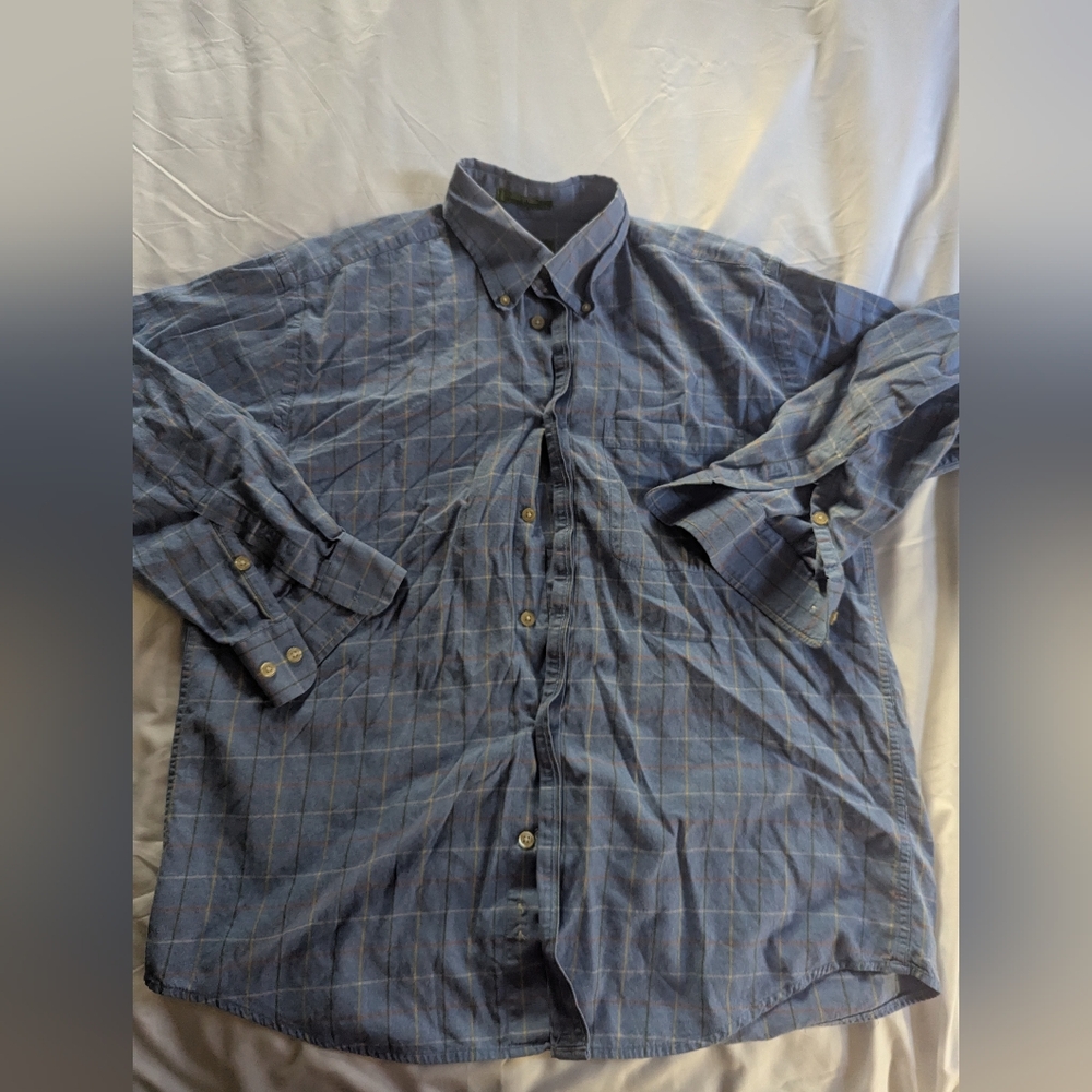 Orvis Men's Large Light Blue Plaid Flannel Button Down Dress Shirt